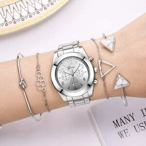 Women Stainless Steel Watch Geneva Quartz & 4 Piece Bracelet Silver NWT
